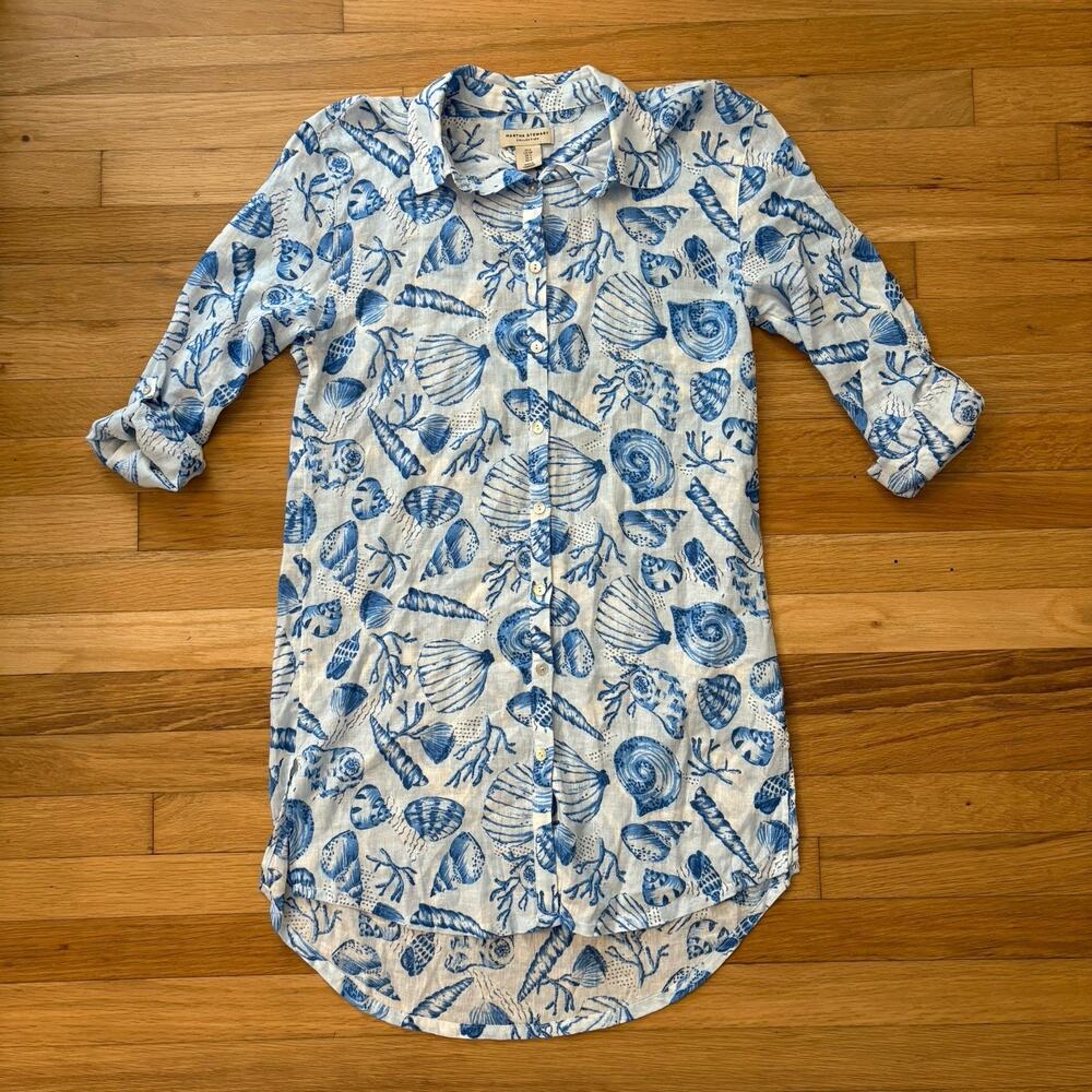 Martha Stewart Linen Blend Shirt Dress Small Coastal Shell Print Beach Coverup